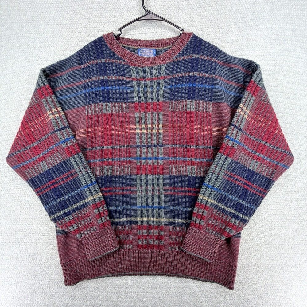 Vintage Pendleton Sweater Mens L Wool Plaid Knit Crewneck Made USA 80s 90s